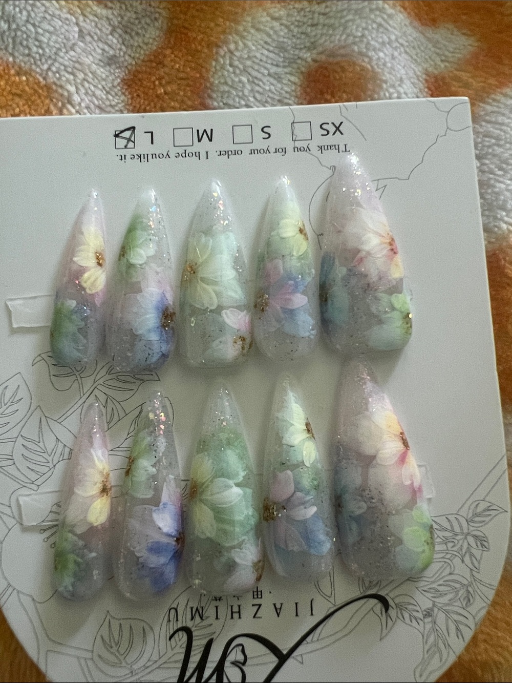Jiaz Floral Pastel Stiletto Press-On Nails - Iridescent Glitter new size large